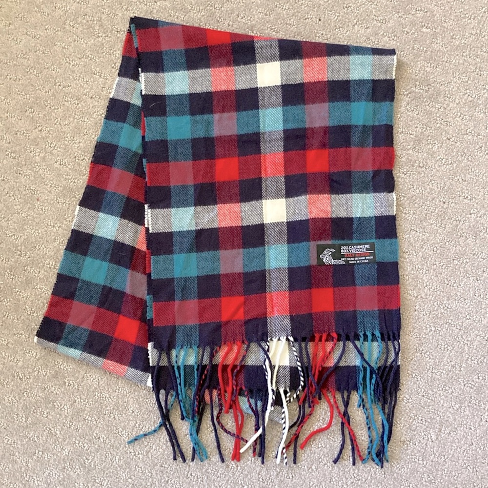 ITALY DESIGN blue & red plaid cashmere-blend scarf.